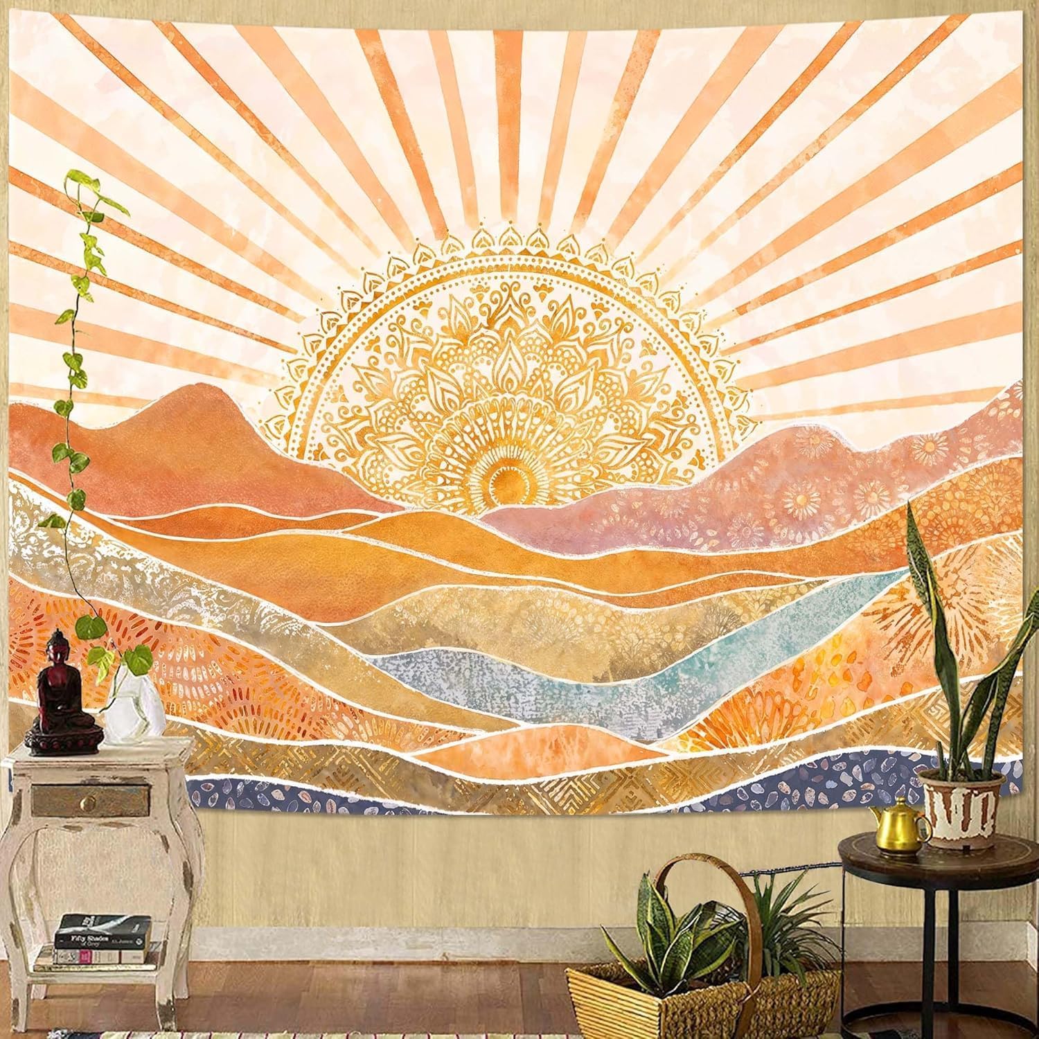 Aesthetic Tapestry - Ästhetischer Boho Sonnenberg Wandteppich, Aquarell Mandala
