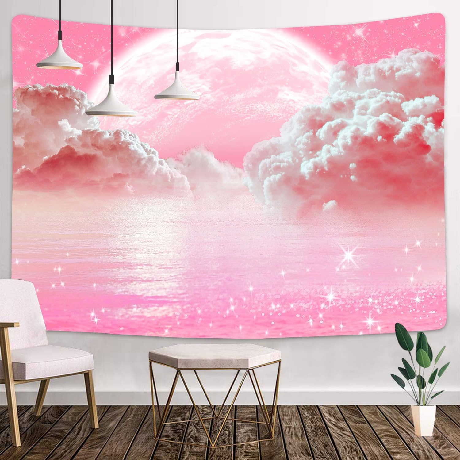 Aesthetic Tapestry - Rosa Wolken Himmel Wandteppich Ozean Mond