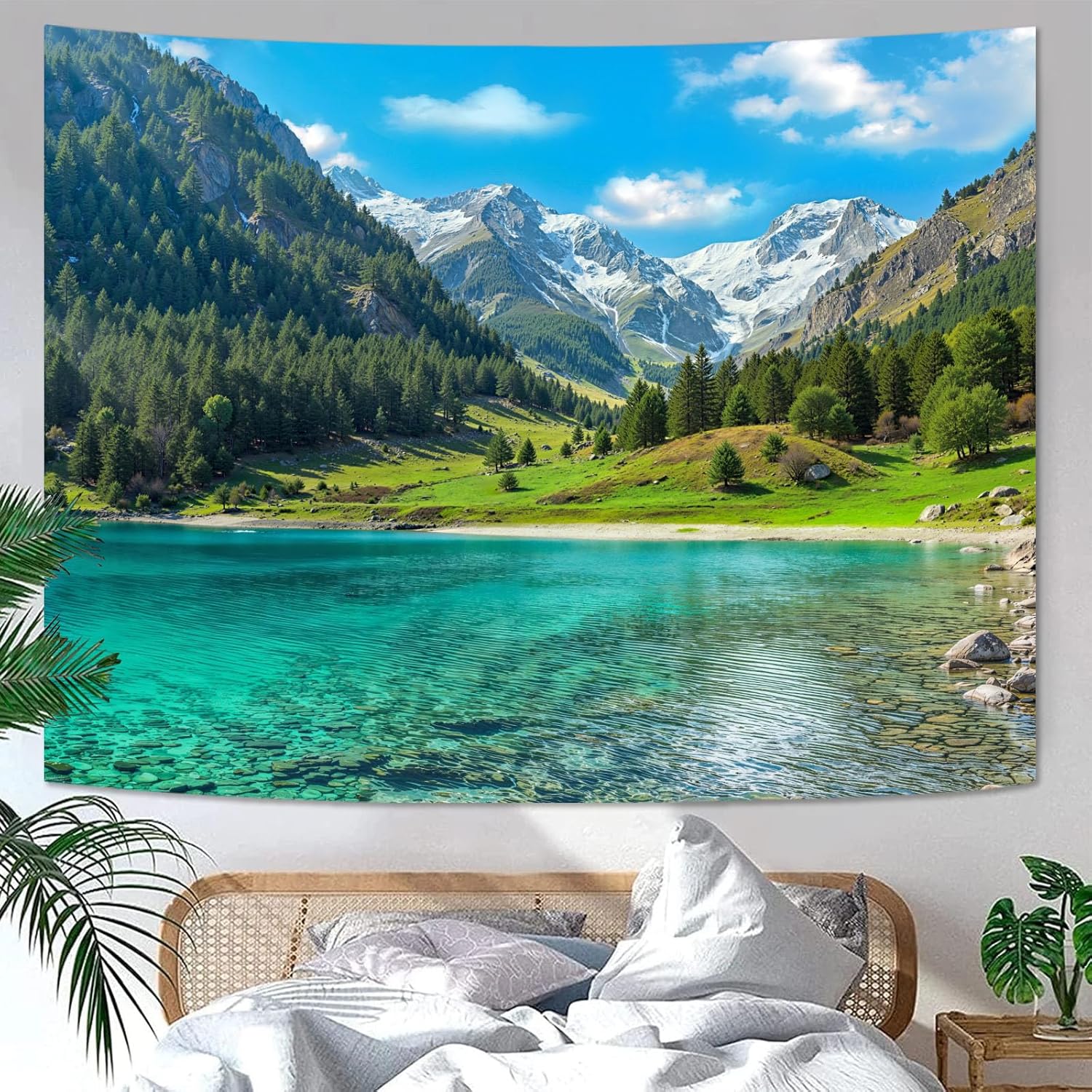 Aesthetic Tapestry - Natur-Wald-Berg-Wandteppich, üppiger grüner Kiefernbaum, See-Wandteppich für