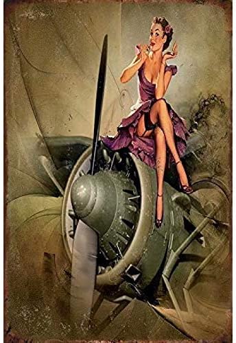 Home Decor Wall Panels - Vintage Blechschild mit Militär-Pin-Up-Girl-Motiv, Metall-Wandpaneel, Retro-Kunstdekoration