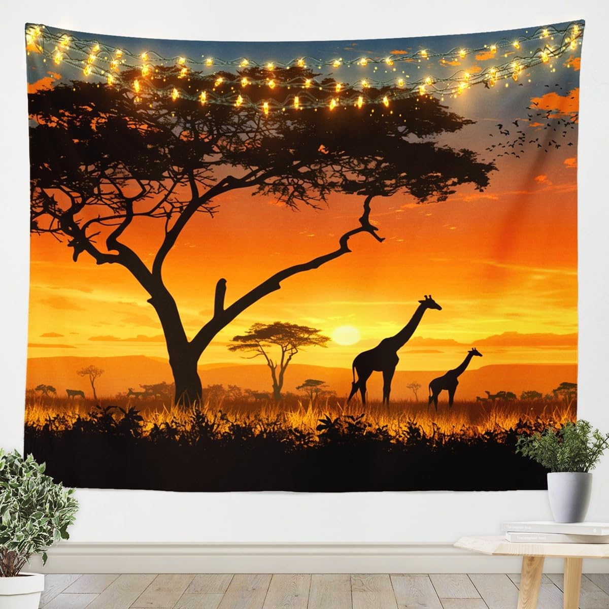 Aesthetic Tapestry - Wildlife-Safari-Wandteppich, ruhige Sonnenuntergangsszene mit Giraffen und