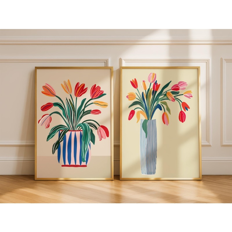 Home Decor Tulip - 2 Stück Tulpenblumen-Leinwand-Wandkunst, ungerahmte moderne Blumenvasen-Drucke,