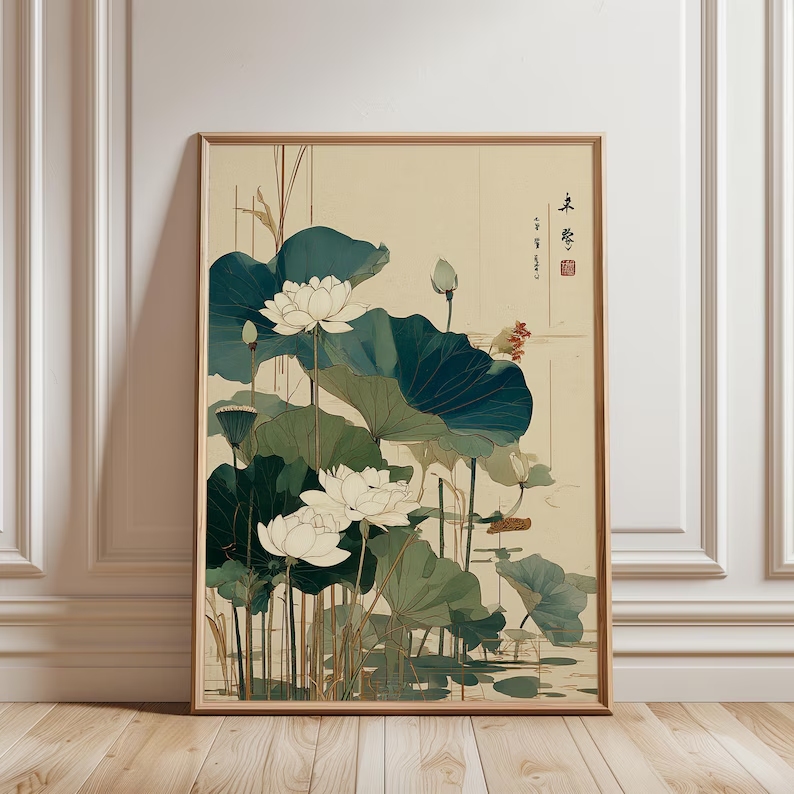 Home Decor Japanese - Retro japanische Lotusblume, Wandkunstdruck, Leinwandgemälde, Poster,