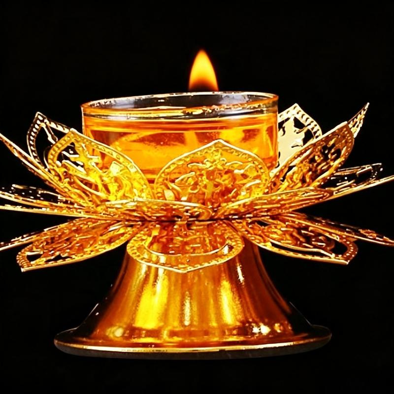 Home Decor Gold - Teelichthalter mit Goldenem Lotus-Design, Ghee-Lampenbrenner, Vintage-Räucherhalter